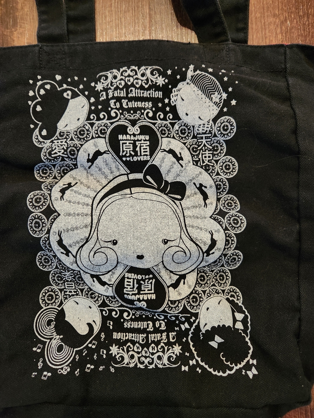 Small Harajuku Lovers Black Tote with White Character Print - Picture 2 of 6